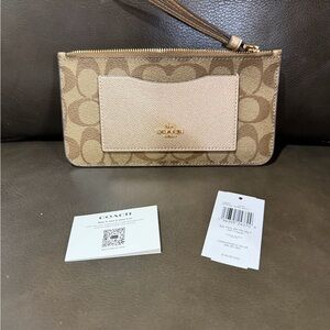 Coach Signature Tan and Cream Wristlet